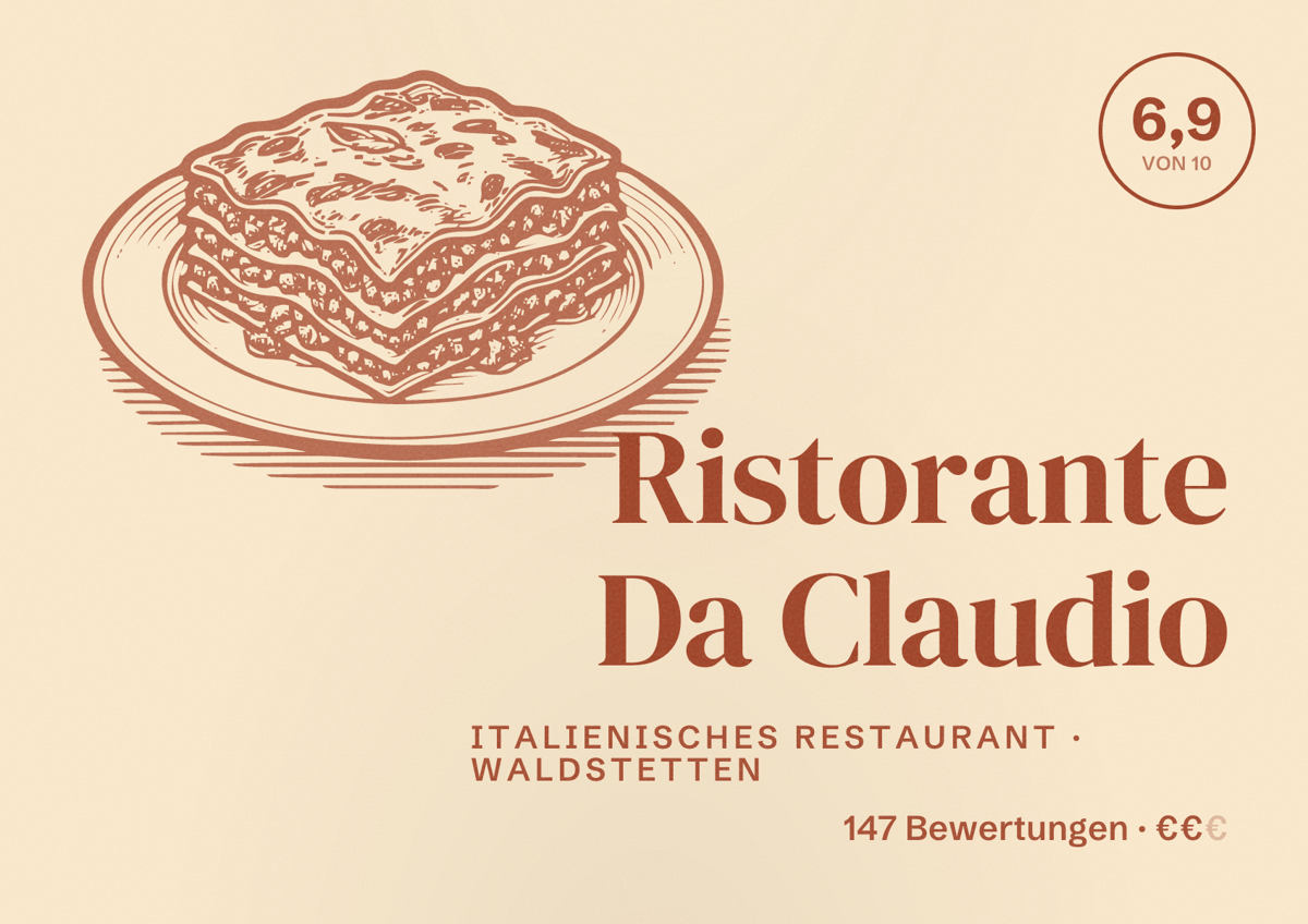 Illustriertes Poster von Ristorante Da Claudio, Italienisches Restaurant in Waldstetten: Bewertung 6,9 von 10 aus 147 Bewertungen, Preisniveau €€