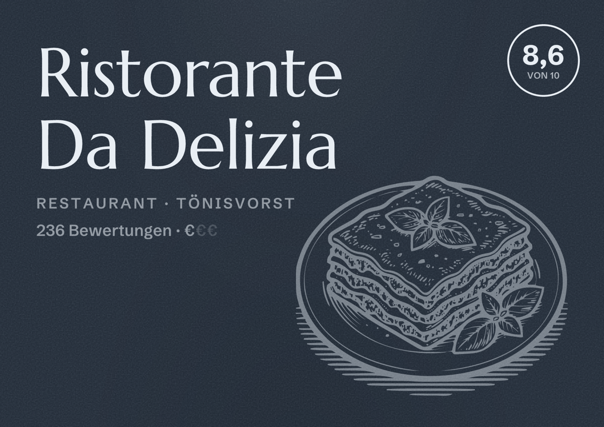 Illustriertes Poster von Ristorante Da Delizia, Restaurant in Tönisvorst: Bewertung 8,6 von 10 aus 236 Bewertungen, Preisniveau €