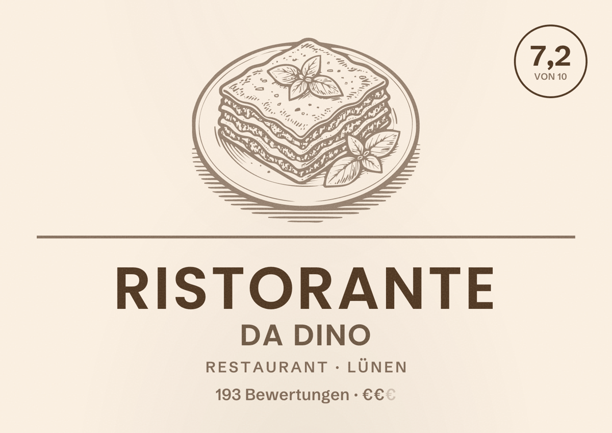 Illustriertes Poster von Ristorante da Dino, Restaurant in Lünen: Bewertung 7,2 von 10 aus 193 Bewertungen, Preisniveau €€