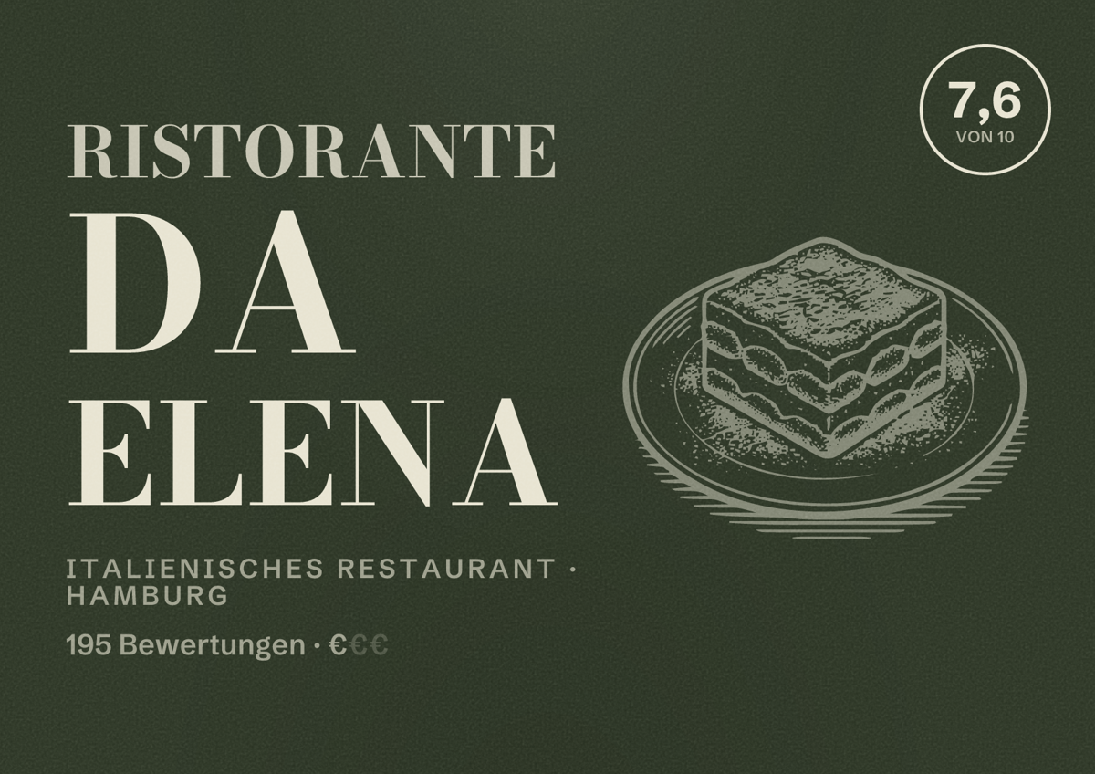 Illustriertes Poster von Ristorante da Elena, Italienisches Restaurant in Hamburg: Bewertung 7,6 von 10 aus 195 Bewertungen, Preisniveau €
