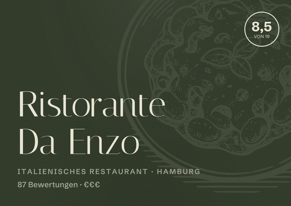 Illustriertes Poster von Ristorante Da Enzo, Italienisches Restaurant in Hamburg: Bewertung 8,5 von 10 aus 87 Bewertungen, Preisniveau €€€