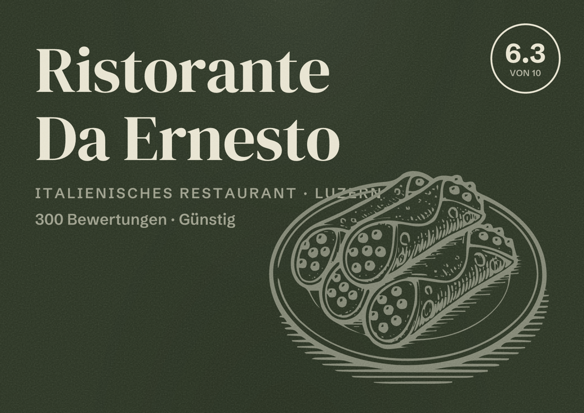 Illustriertes Poster von Ristorante Da Ernesto, Italienisches Restaurant in Luzern: Bewertung 6.3 von 10 aus 300 Bewertungen, Preisniveau Günstig