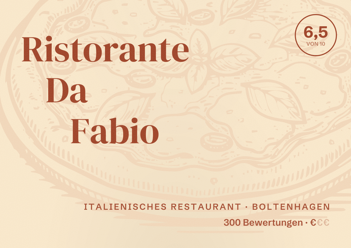 Illustriertes Poster von Ristorante Da Fabio, Italienisches Restaurant in Boltenhagen: Bewertung 6,5 von 10 aus 300 Bewertungen, Preisniveau €
