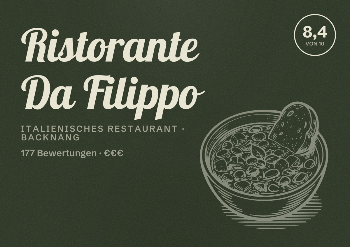 Illustriertes Poster von Ristorante Da Filippo, Italienisches Restaurant in Backnang: Bewertung 8,4 von 10 aus 177 Bewertungen, Preisniveau €€€