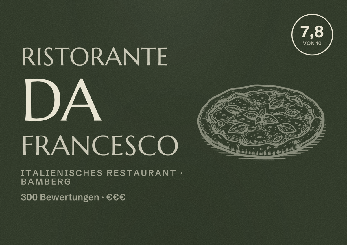 Illustriertes Poster von Ristorante da Francesco, Italienisches Restaurant in Bamberg: Bewertung 7,8 von 10 aus 300 Bewertungen, Preisniveau €€€