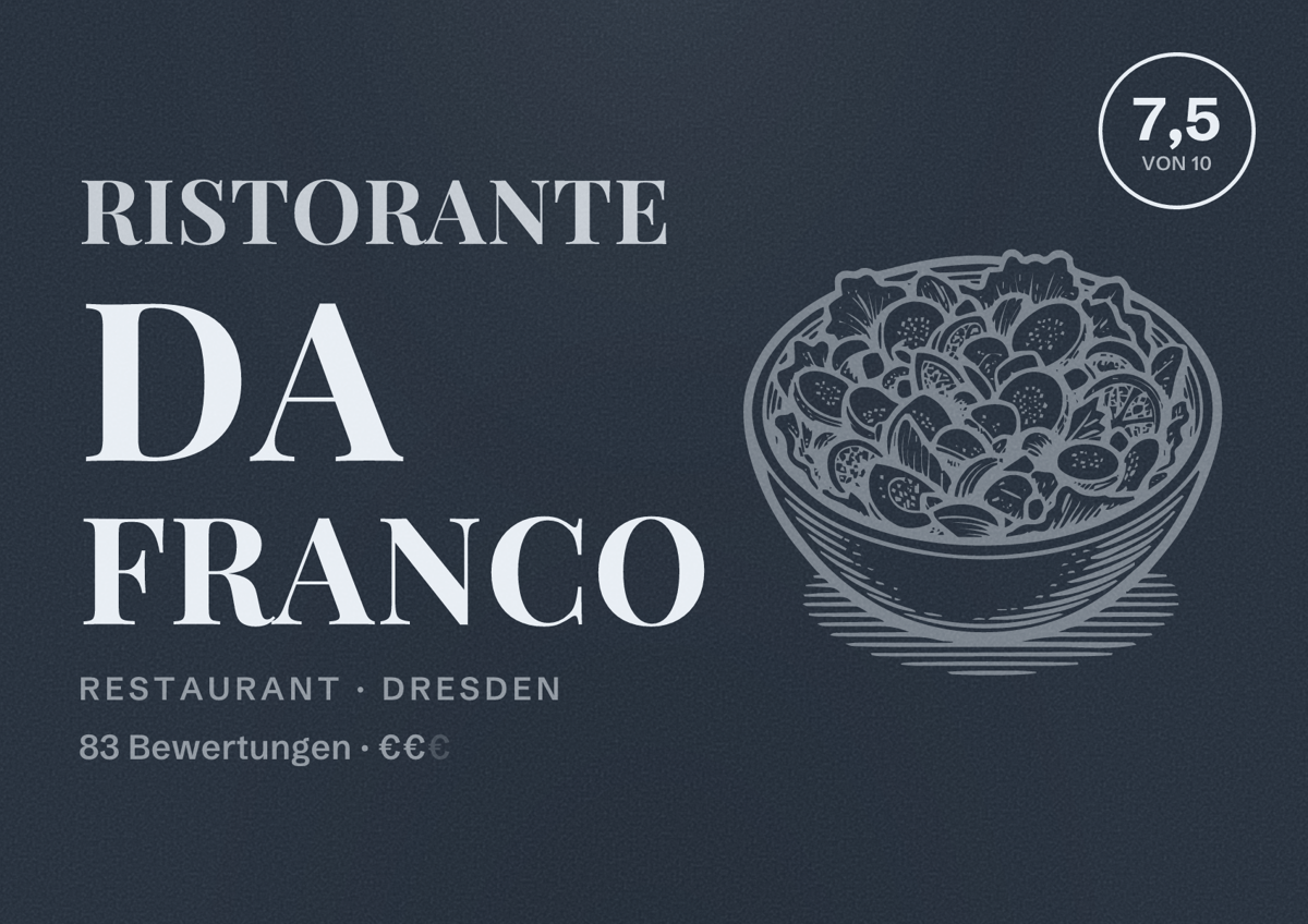 Illustriertes Poster von Ristorante Da Franco, Restaurant in Dresden: Bewertung 7,5 von 10 aus 83 Bewertungen, Preisniveau €€