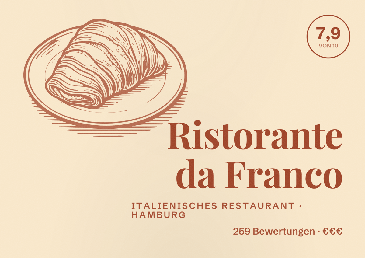 Illustriertes Poster von Ristorante da Franco, Italienisches Restaurant in Hamburg: Bewertung 7,9 von 10 aus 259 Bewertungen, Preisniveau €€€