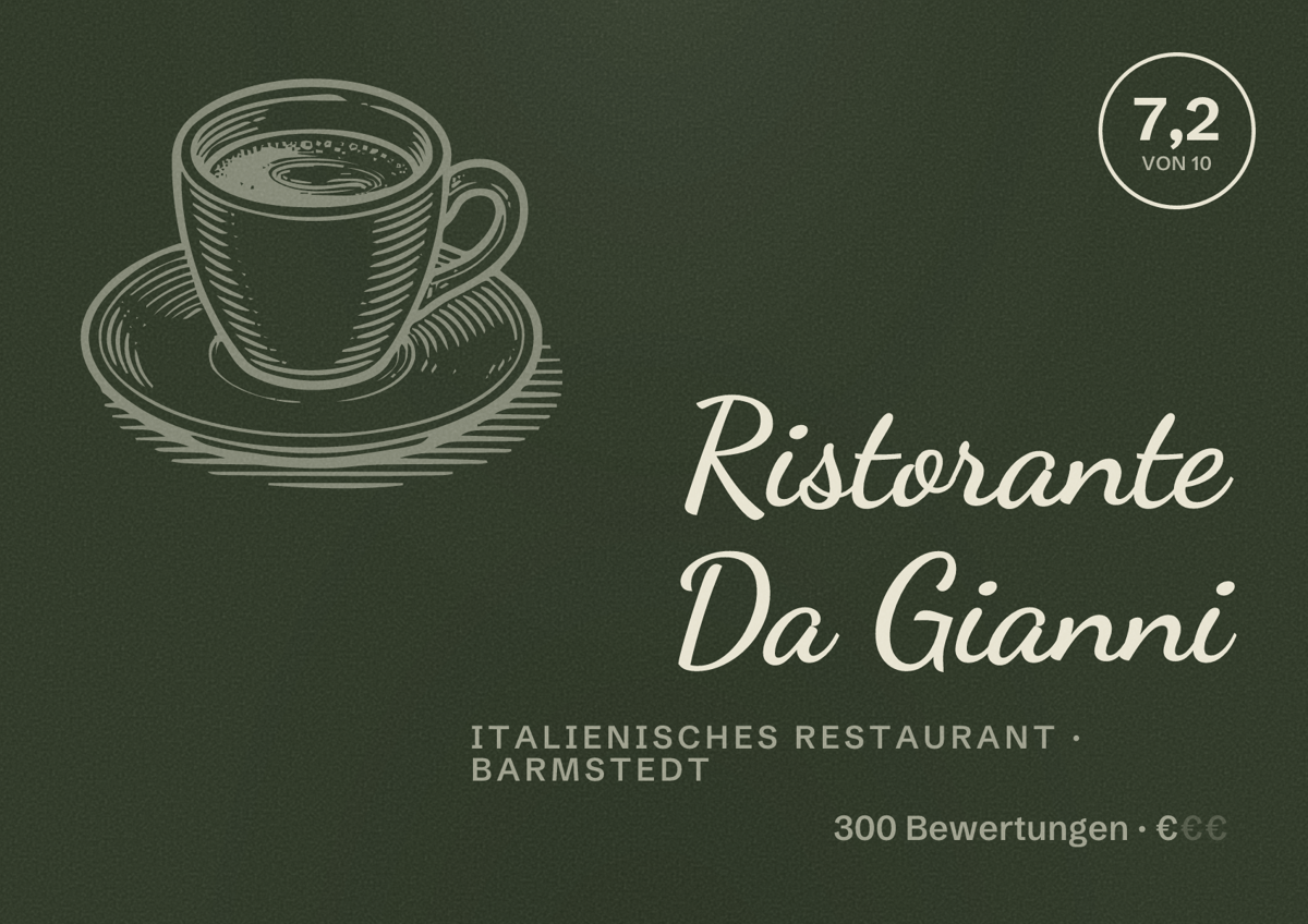 Illustriertes Poster von Ristorante Da Gianni, Italienisches Restaurant in Barmstedt: Bewertung 7,2 von 10 aus 300 Bewertungen, Preisniveau €