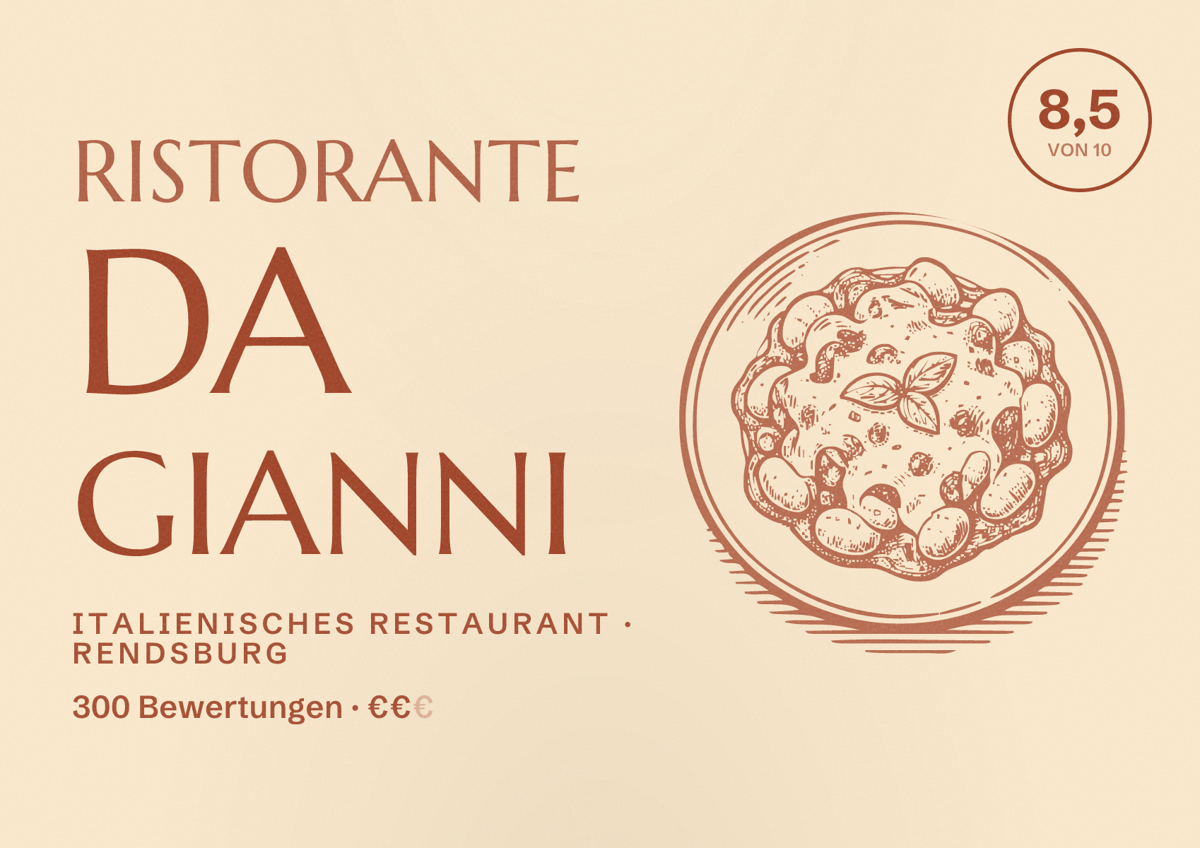 Illustriertes Poster von Ristorante Da Gianni, Italienisches Restaurant in Rendsburg: Bewertung 8,5 von 10 aus 300 Bewertungen, Preisniveau €€