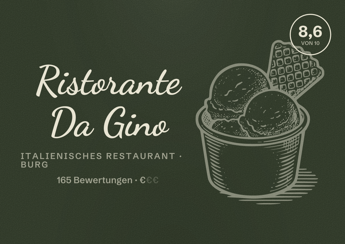 Illustriertes Poster von Ristorante Da Gino, Italienisches Restaurant in Burg: Bewertung 8,6 von 10 aus 165 Bewertungen, Preisniveau €