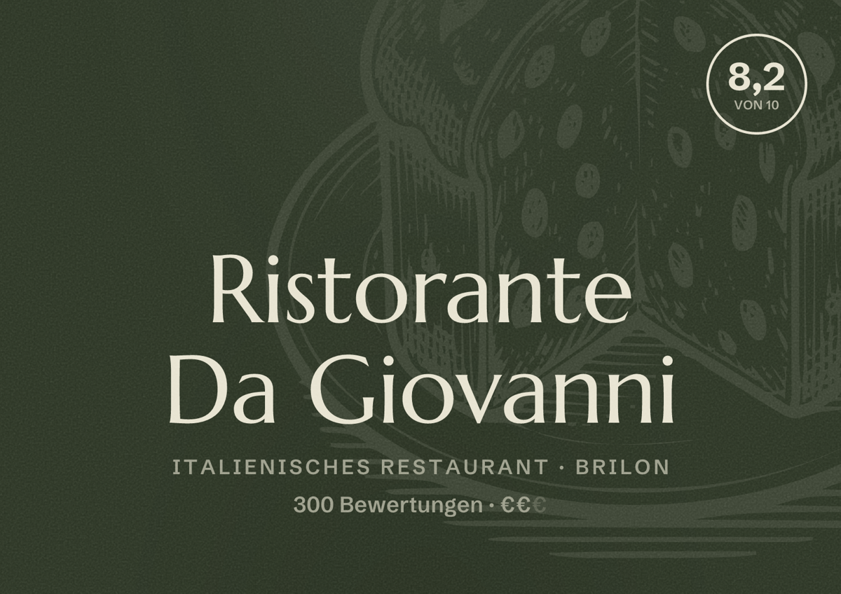 Illustriertes Poster von Ristorante Da Giovanni, Italienisches Restaurant in Brilon: Bewertung 8,2 von 10 aus 300 Bewertungen, Preisniveau €€