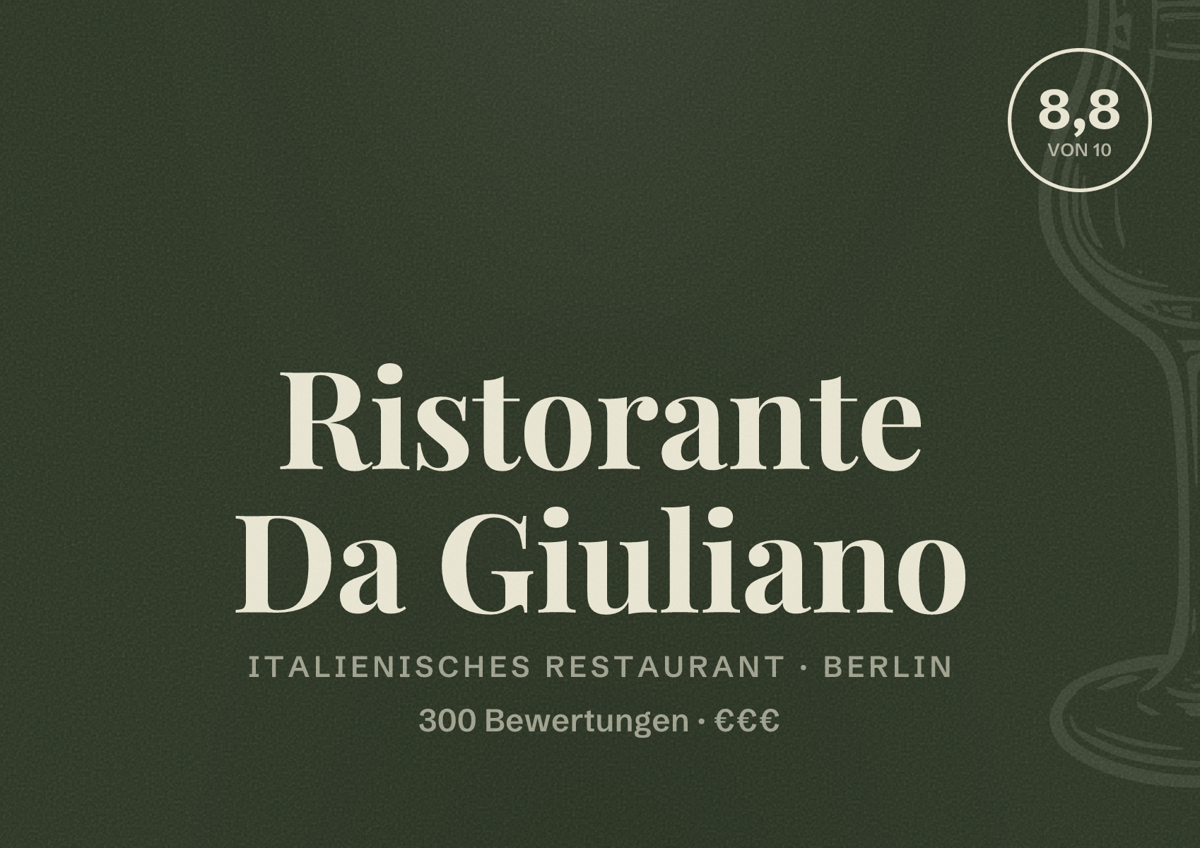 Illustriertes Poster von Ristorante Da Giuliano, Italienisches Restaurant in Berlin: Bewertung 8,8 von 10 aus 300 Bewertungen, Preisniveau €€€