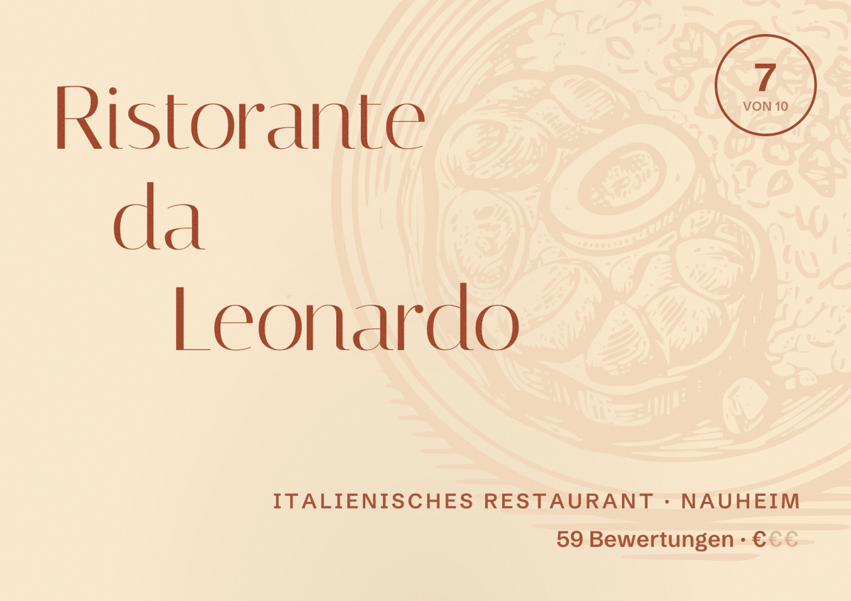 Illustriertes Poster von Ristorante da Leonardo, Italienisches Restaurant in Nauheim: Bewertung 7 von 10 aus 59 Bewertungen, Preisniveau €