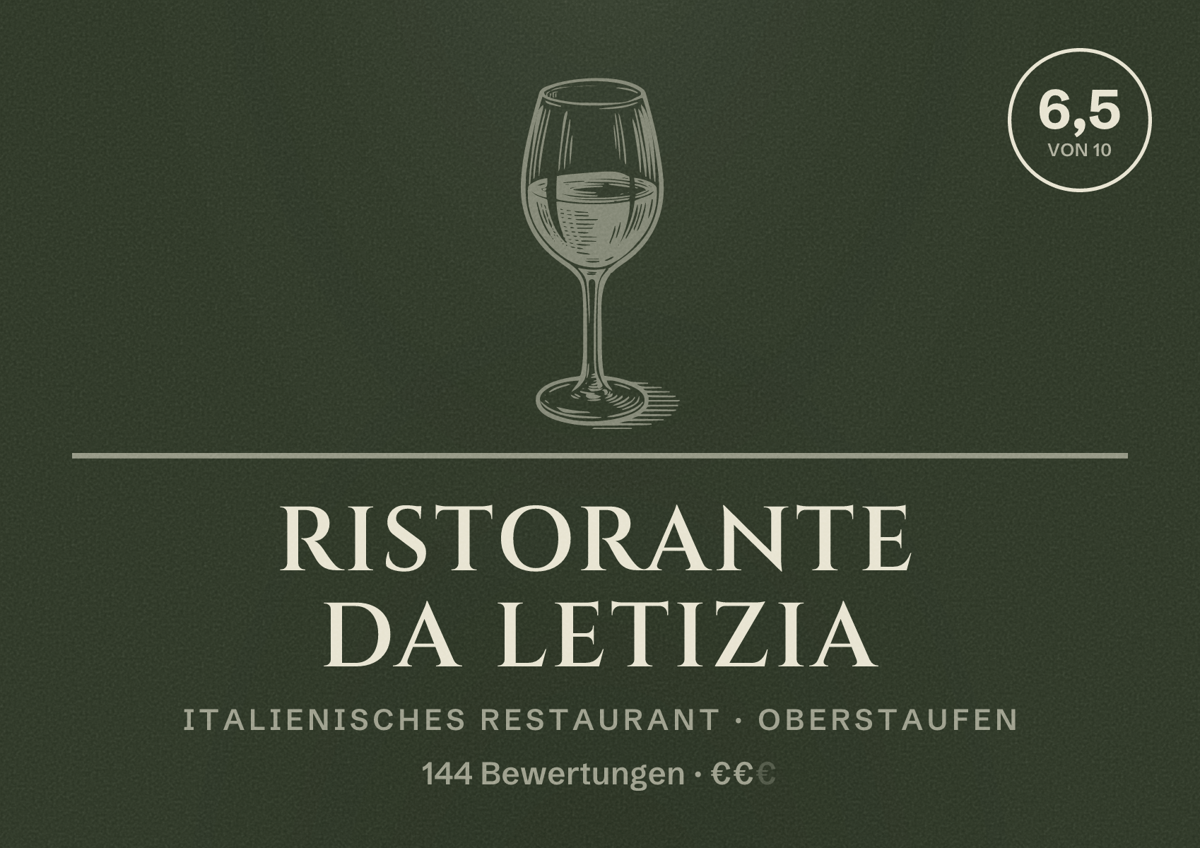 Illustriertes Poster von Ristorante Da Letizia, Italienisches Restaurant in Oberstaufen: Bewertung 6,5 von 10 aus 144 Bewertungen, Preisniveau €€