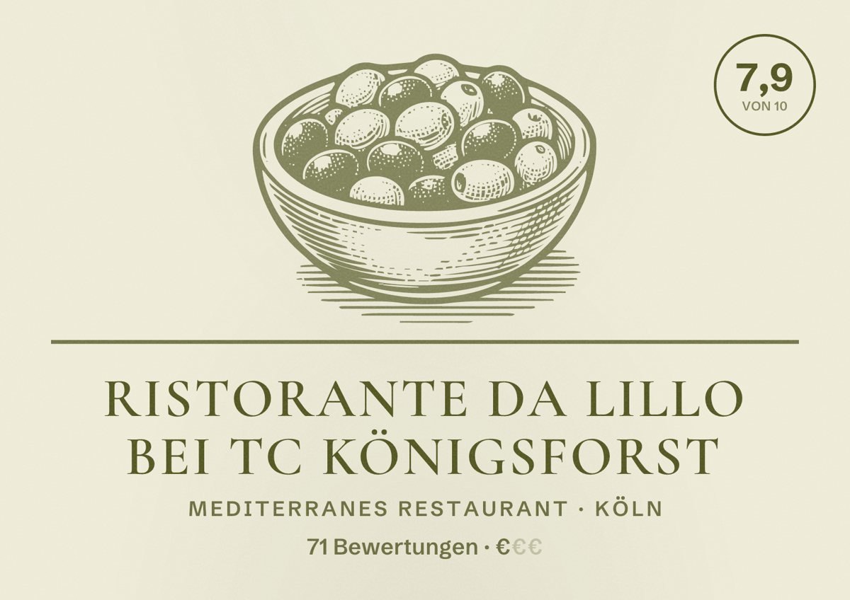 Illustriertes Poster von Ristorante Da Lillo bei TC Königsforst, Mediterranes Restaurant in Köln: Bewertung 7,9 von 10 aus 71 Bewertungen, Preisniveau €