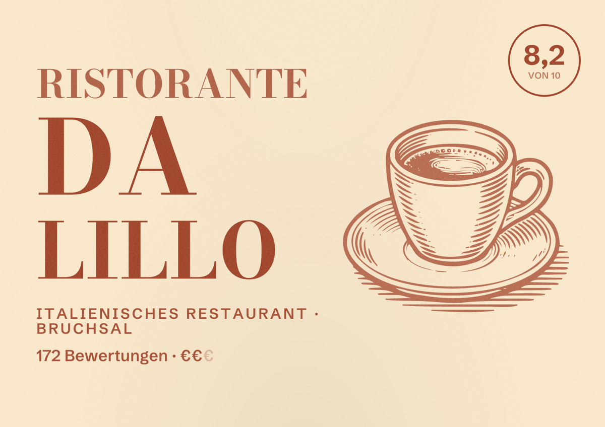 Illustriertes Poster von Ristorante da Lillo, Italienisches Restaurant in Bruchsal: Bewertung 8,2 von 10 aus 172 Bewertungen, Preisniveau €€