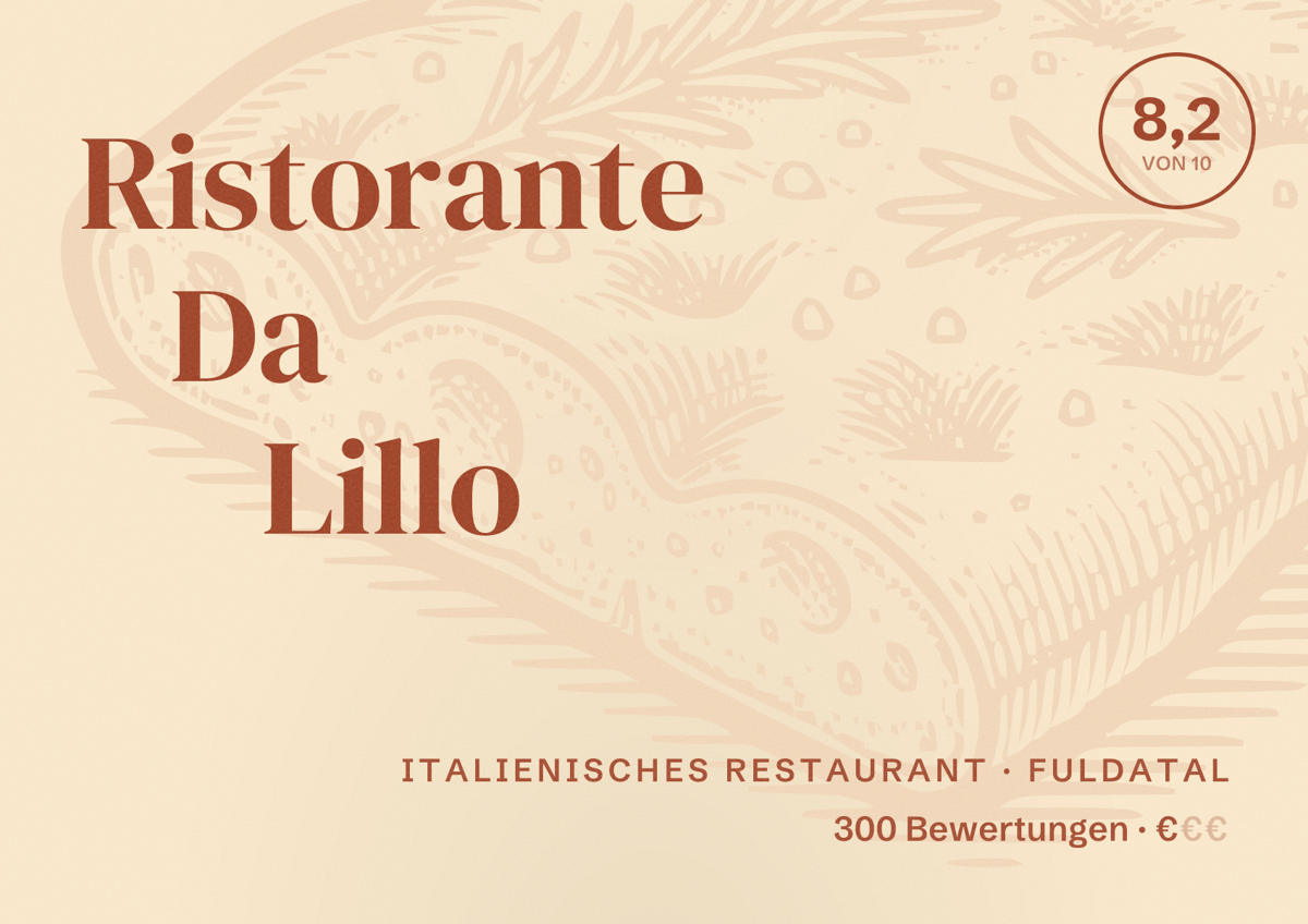 Illustriertes Poster von Ristorante Da Lillo, Italienisches Restaurant in Fuldatal: Bewertung 8,2 von 10 aus 300 Bewertungen, Preisniveau €