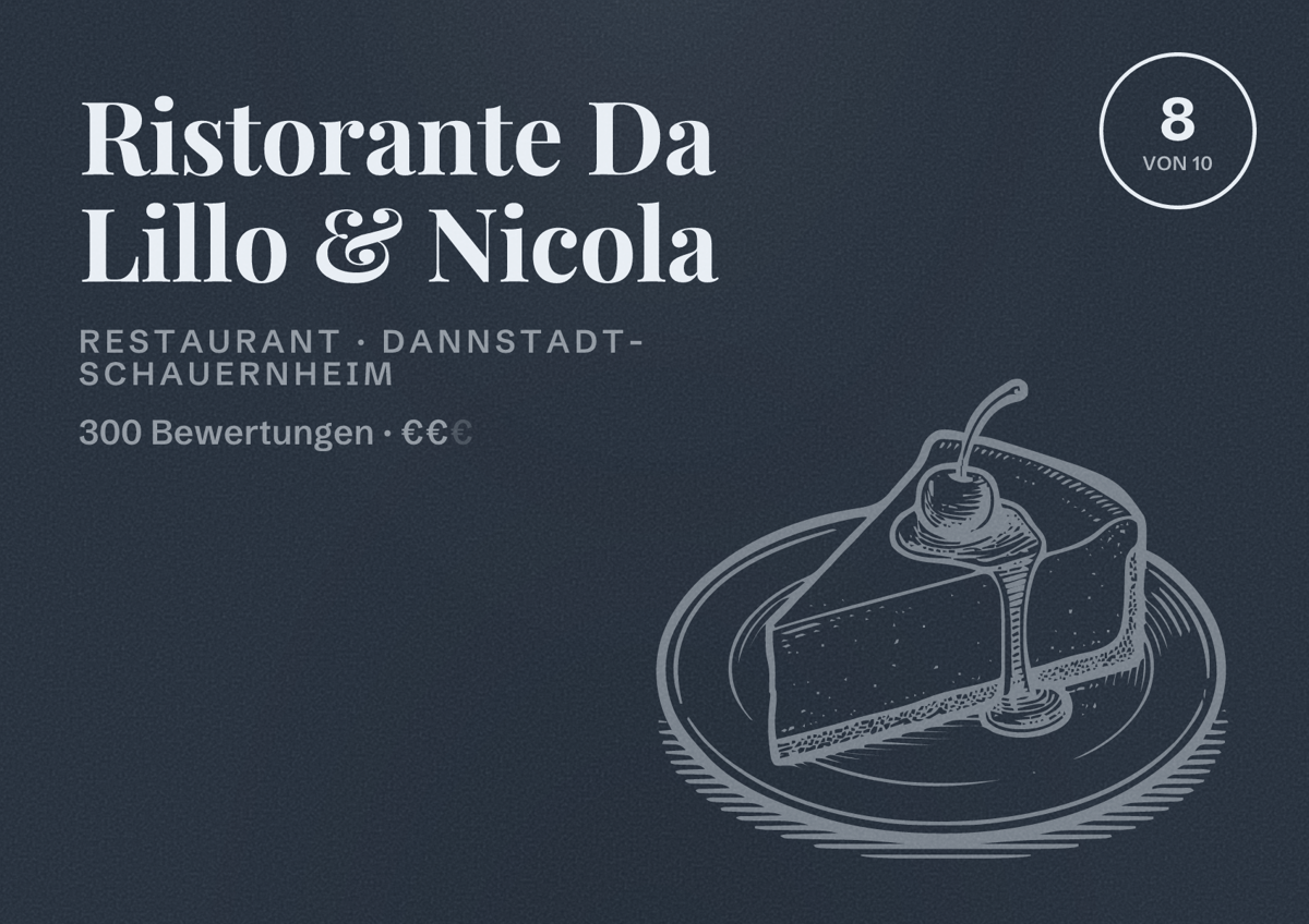 Illustriertes Poster von Ristorante Da Lillo & Nicola, Restaurant in Dannstadt-Schauernheim: Bewertung 8 von 10 aus 300 Bewertungen, Preisniveau €€