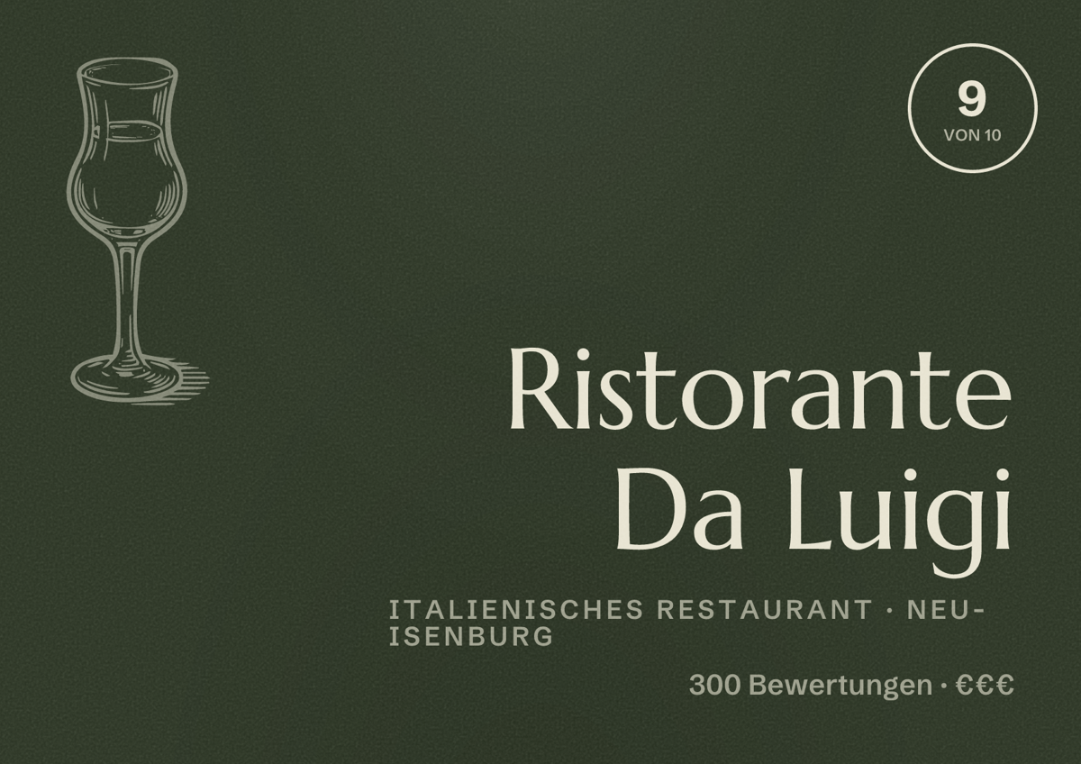 Illustriertes Poster von Ristorante Da Luigi, Italienisches Restaurant in Neu-Isenburg: Bewertung 9 von 10 aus 300 Bewertungen, Preisniveau €€€