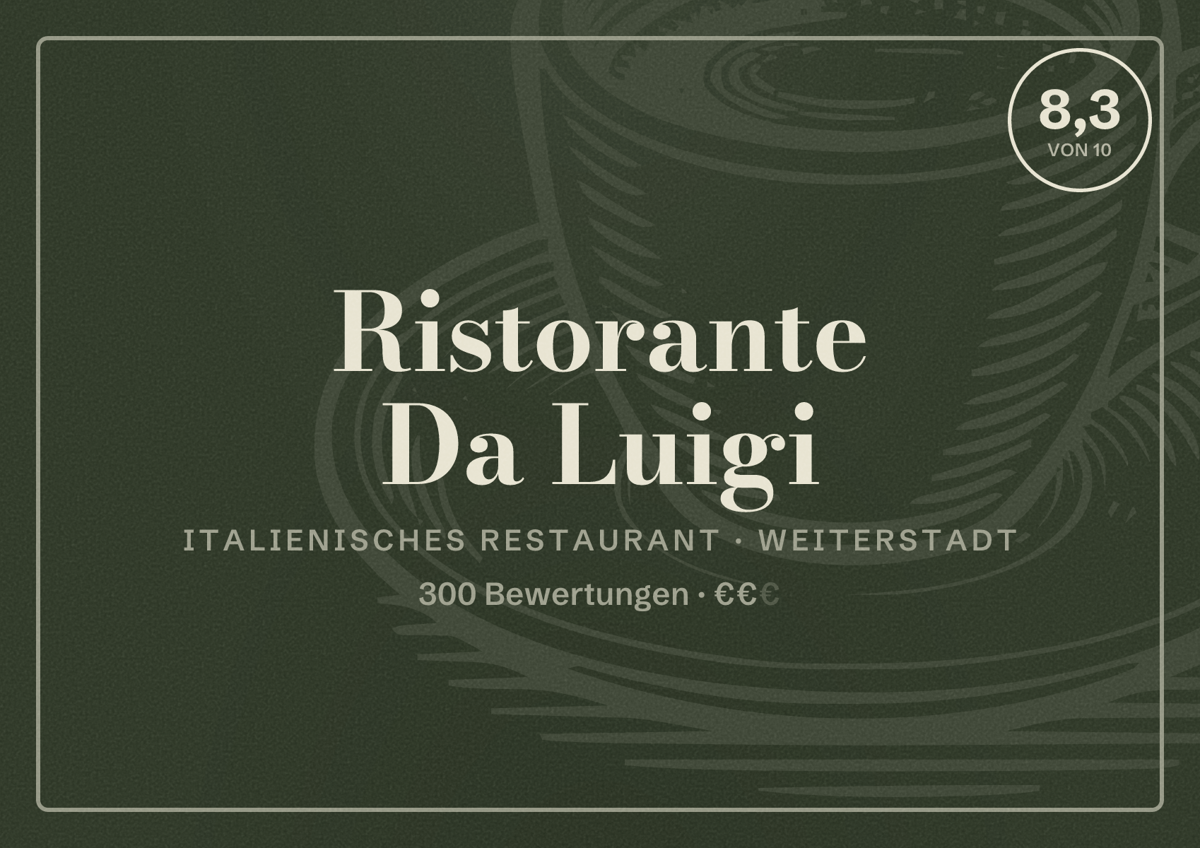 Illustriertes Poster von Ristorante Da Luigi, Italienisches Restaurant in Weiterstadt: Bewertung 8,3 von 10 aus 300 Bewertungen, Preisniveau €€