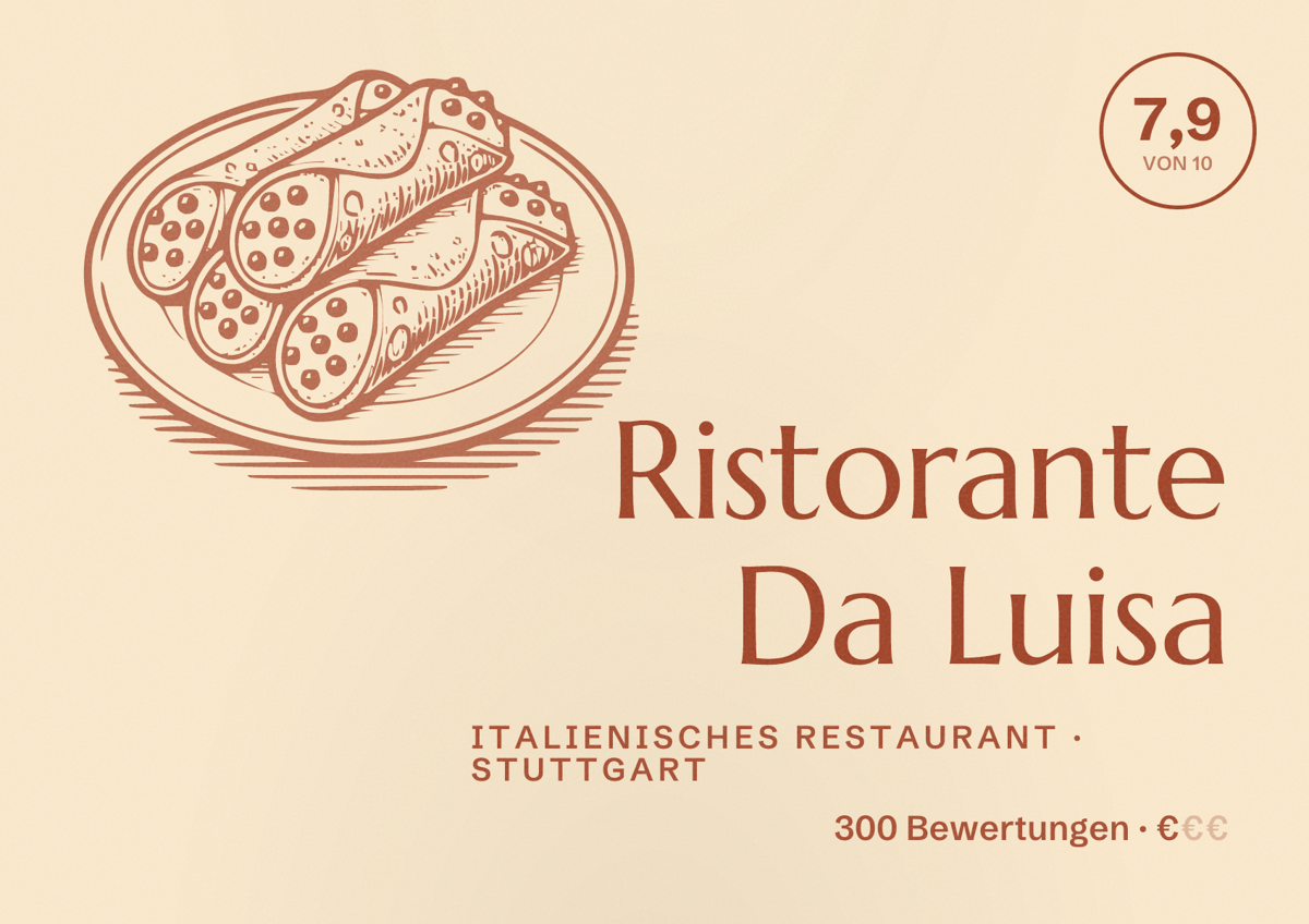 Illustriertes Poster von Ristorante Da Luisa, Italienisches Restaurant in Stuttgart: Bewertung 7,9 von 10 aus 300 Bewertungen, Preisniveau €