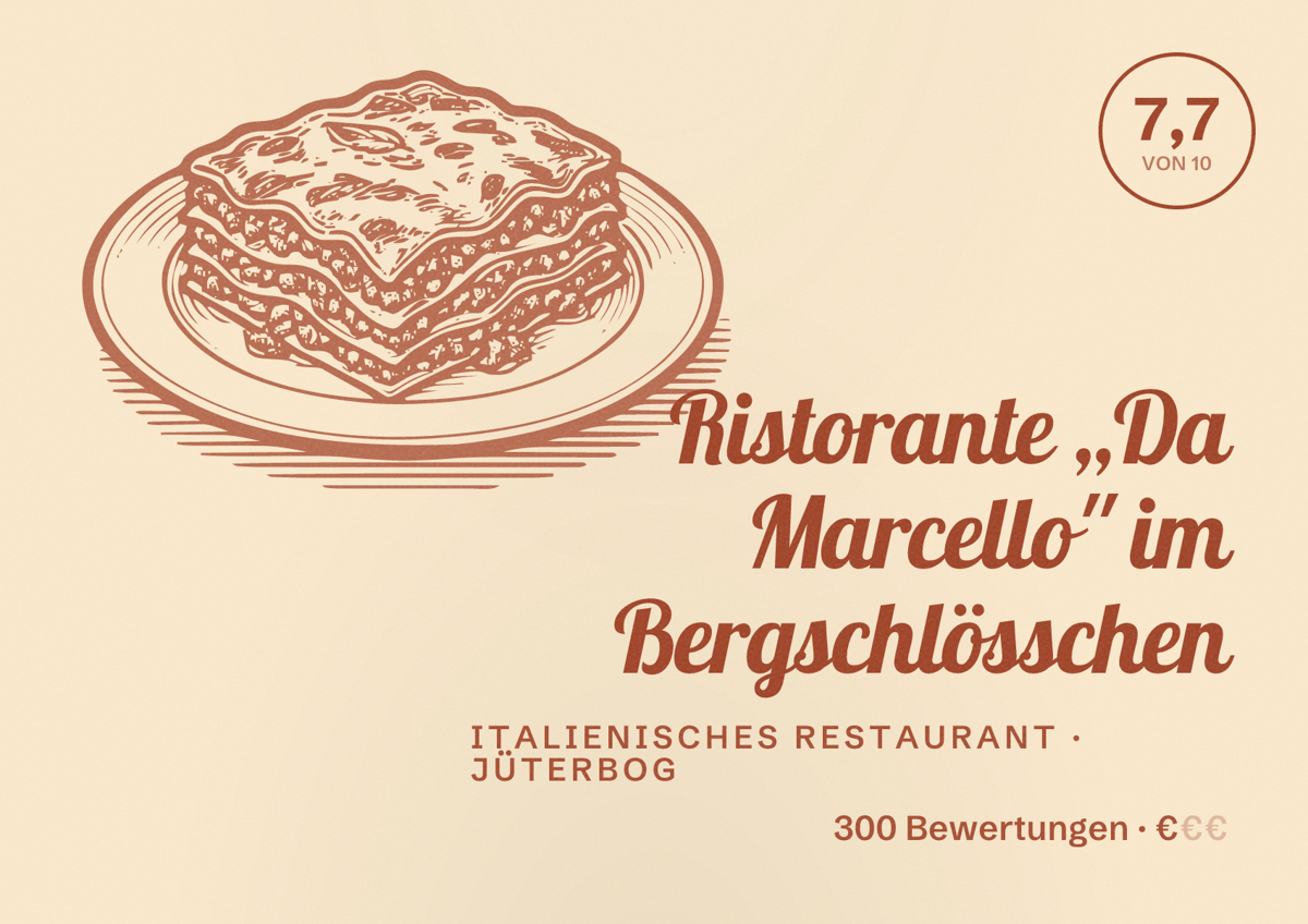 Illustriertes Poster von Ristorante ,,Da Marcello'' im Bergschlösschen, Italienisches Restaurant in Jüterbog: Bewertung 7,7 von 10 aus 300 Bewertungen, Preisniveau €