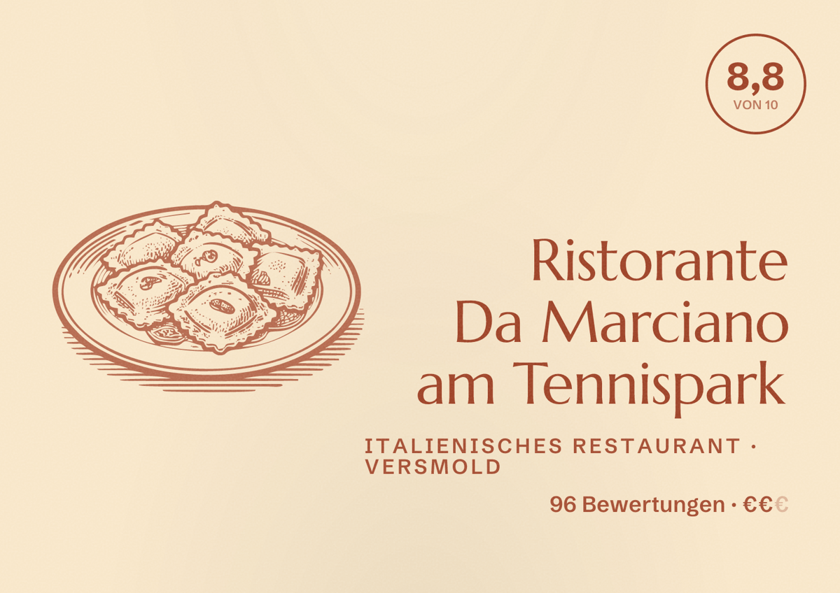 Illustriertes Poster von Ristorante Da Marciano am Tennispark, Italienisches Restaurant in Versmold: Bewertung 8,8 von 10 aus 96 Bewertungen, Preisniveau €€