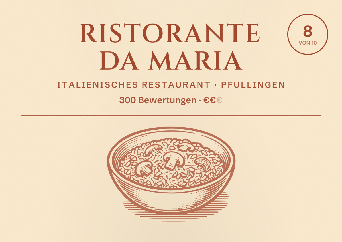 Illustriertes Poster von Ristorante Da Maria, Italienisches Restaurant in Pfullingen: Bewertung 8 von 10 aus 300 Bewertungen, Preisniveau €€