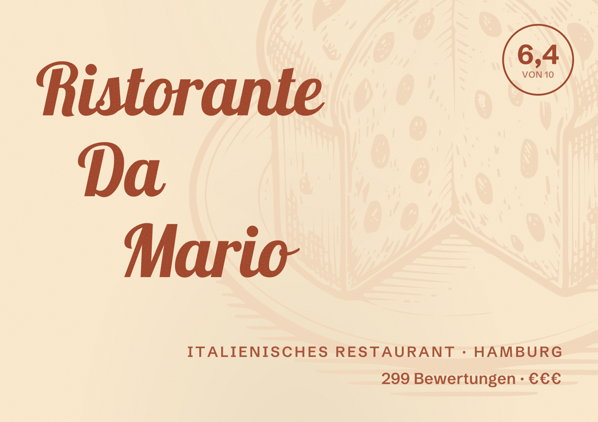 Illustriertes Poster von Ristorante Da Mario, Italienisches Restaurant in Hamburg: Bewertung 6,4 von 10 aus 299 Bewertungen, Preisniveau €€€