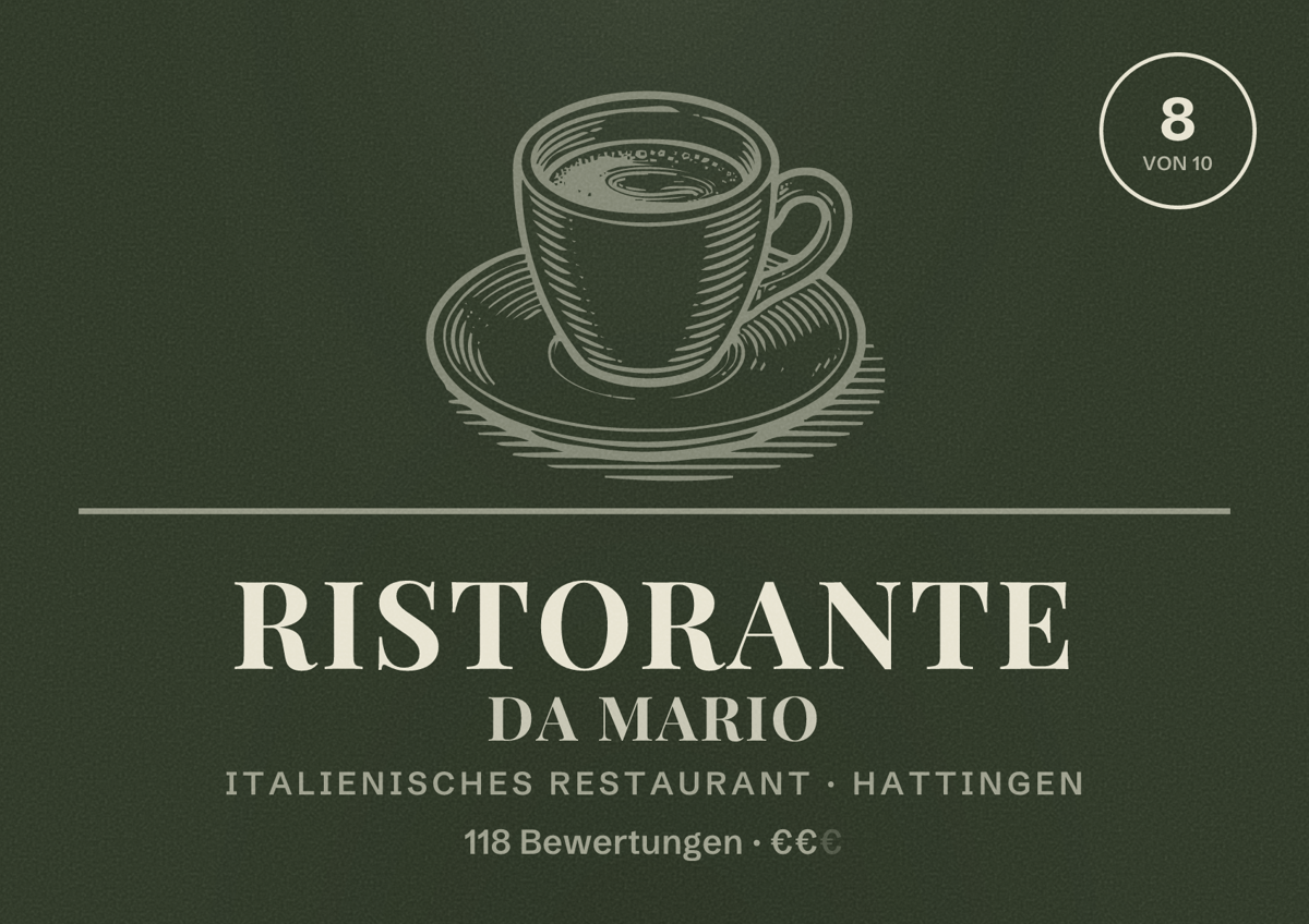 Illustriertes Poster von Ristorante Da Mario, Italienisches Restaurant in Hattingen: Bewertung 8 von 10 aus 118 Bewertungen, Preisniveau €€
