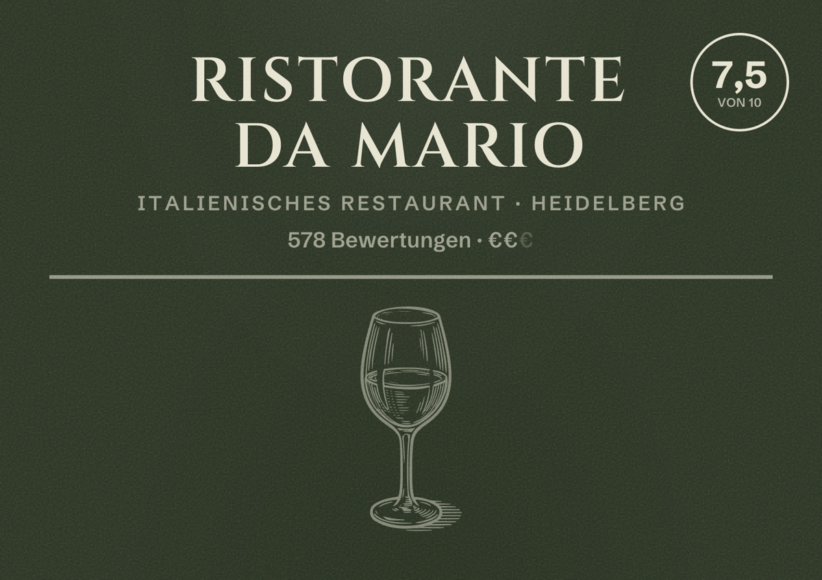 Illustriertes Poster von Ristorante Da Mario, Italienisches Restaurant in Heidelberg: Bewertung 7,5 von 10 aus 578 Bewertungen, Preisniveau €€
