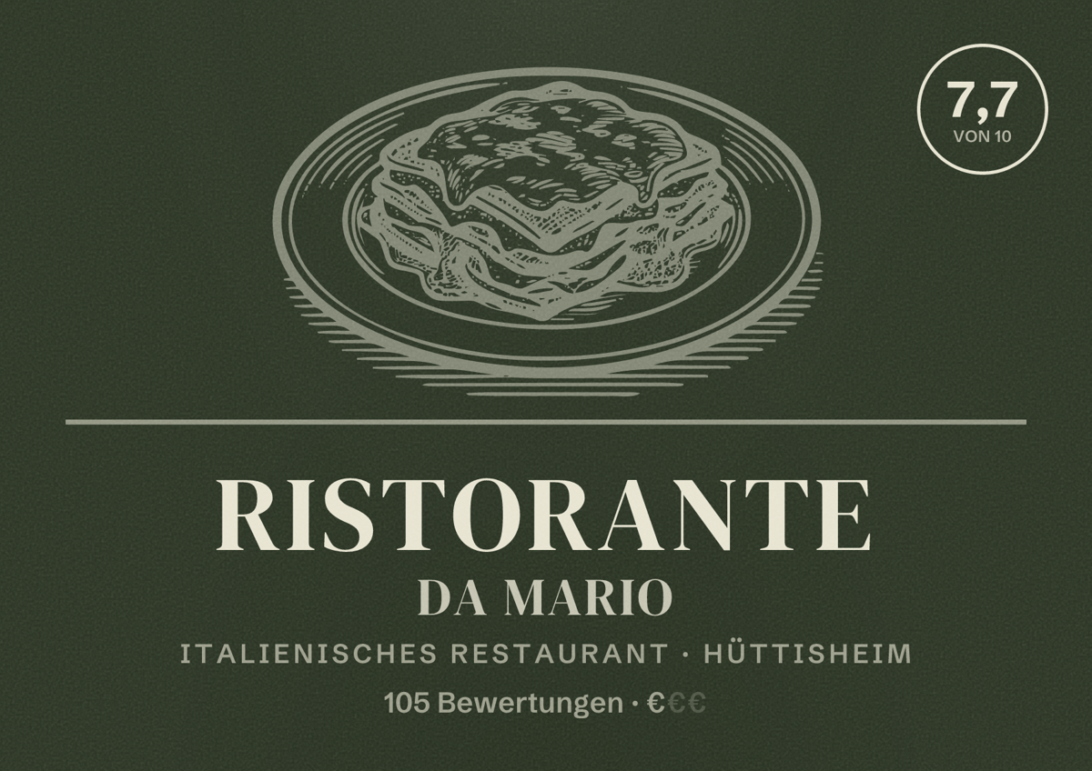 Illustriertes Poster von Ristorante da Mario, Italienisches Restaurant in Hüttisheim: Bewertung 7,7 von 10 aus 105 Bewertungen, Preisniveau €