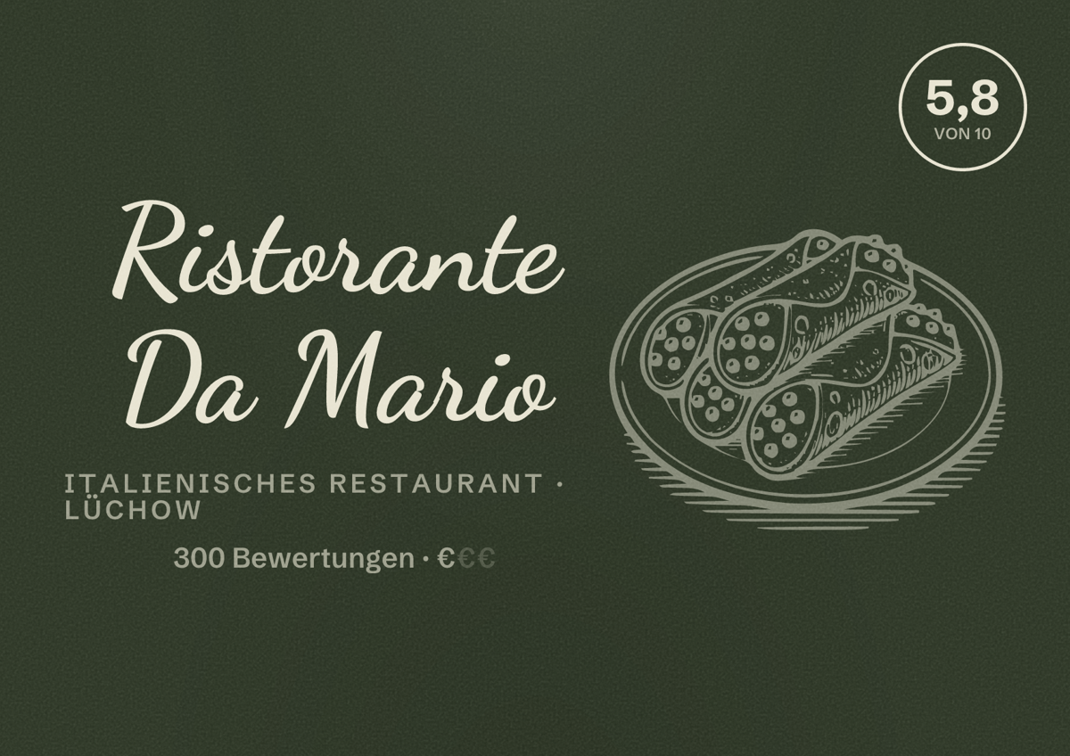 Illustriertes Poster von Ristorante Da Mario, Italienisches Restaurant in Lüchow: Bewertung 5,8 von 10 aus 300 Bewertungen, Preisniveau €