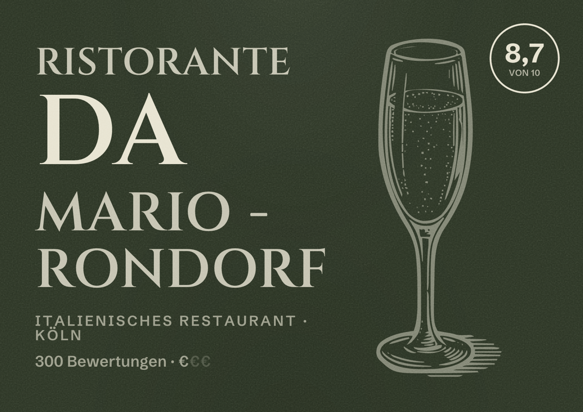 Illustriertes Poster von Ristorante Da Mario - Rondorf, Italienisches Restaurant in Köln: Bewertung 8,7 von 10 aus 300 Bewertungen, Preisniveau €
