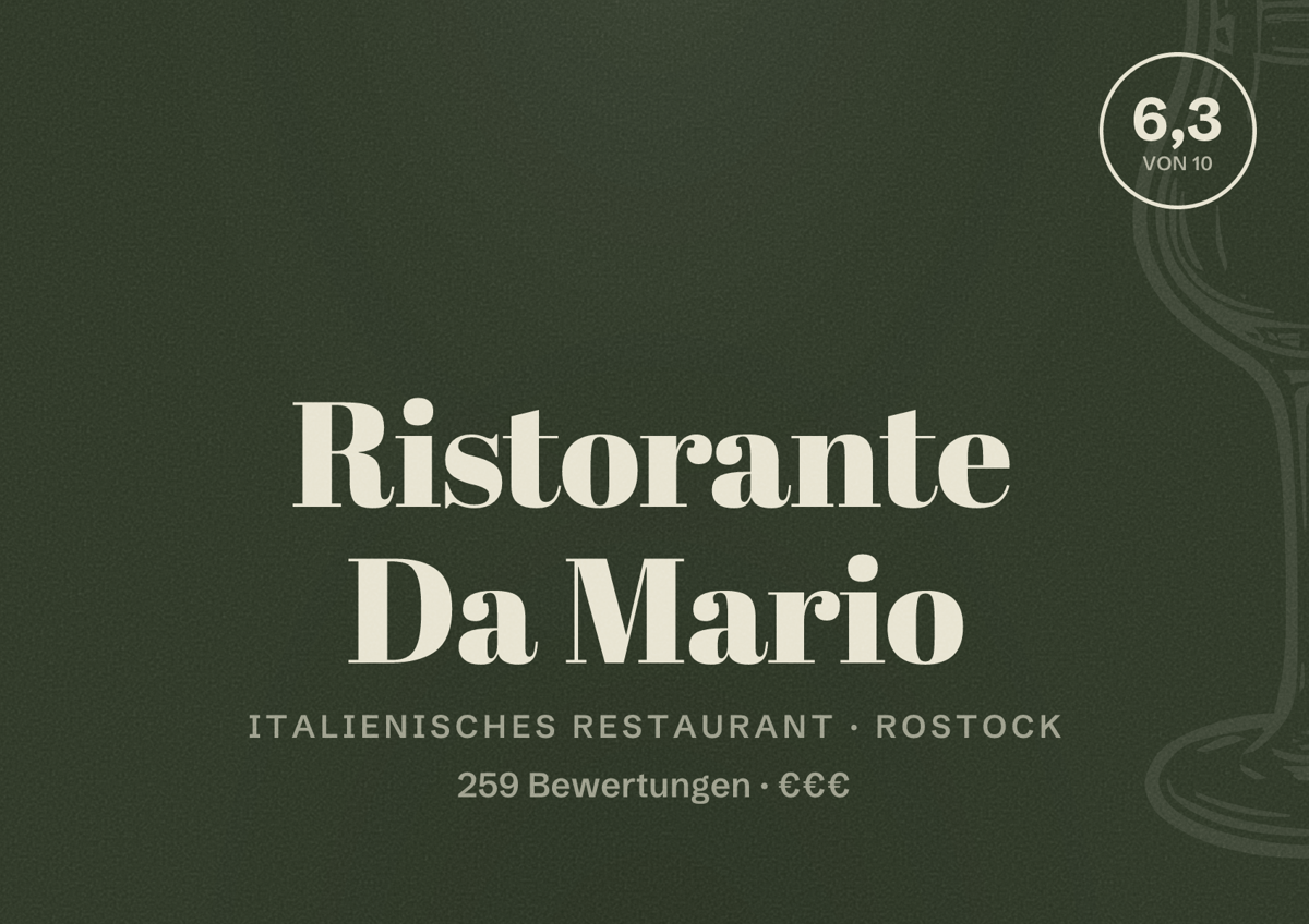 Illustriertes Poster von Ristorante Da Mario, Italienisches Restaurant in Rostock: Bewertung 6,3 von 10 aus 259 Bewertungen, Preisniveau €€€