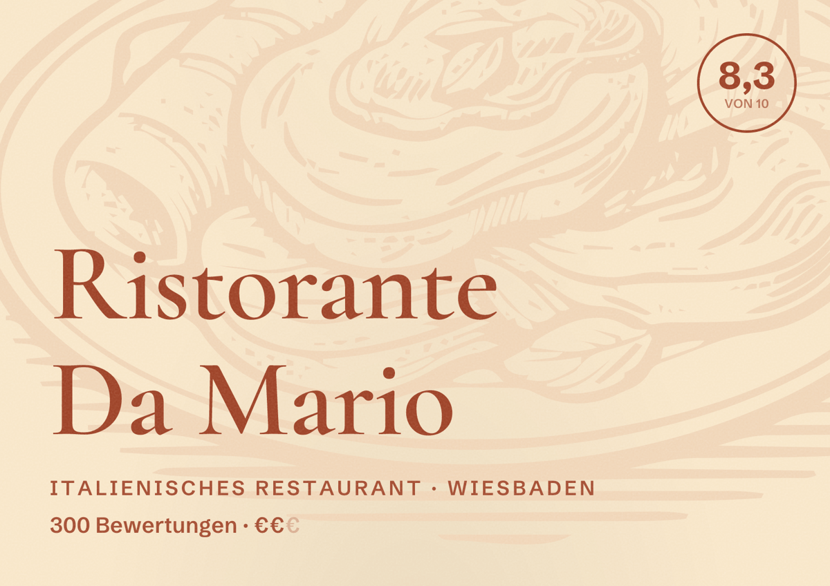 Illustriertes Poster von Ristorante Da Mario, Italienisches Restaurant in Wiesbaden: Bewertung 8,3 von 10 aus 300 Bewertungen, Preisniveau €€