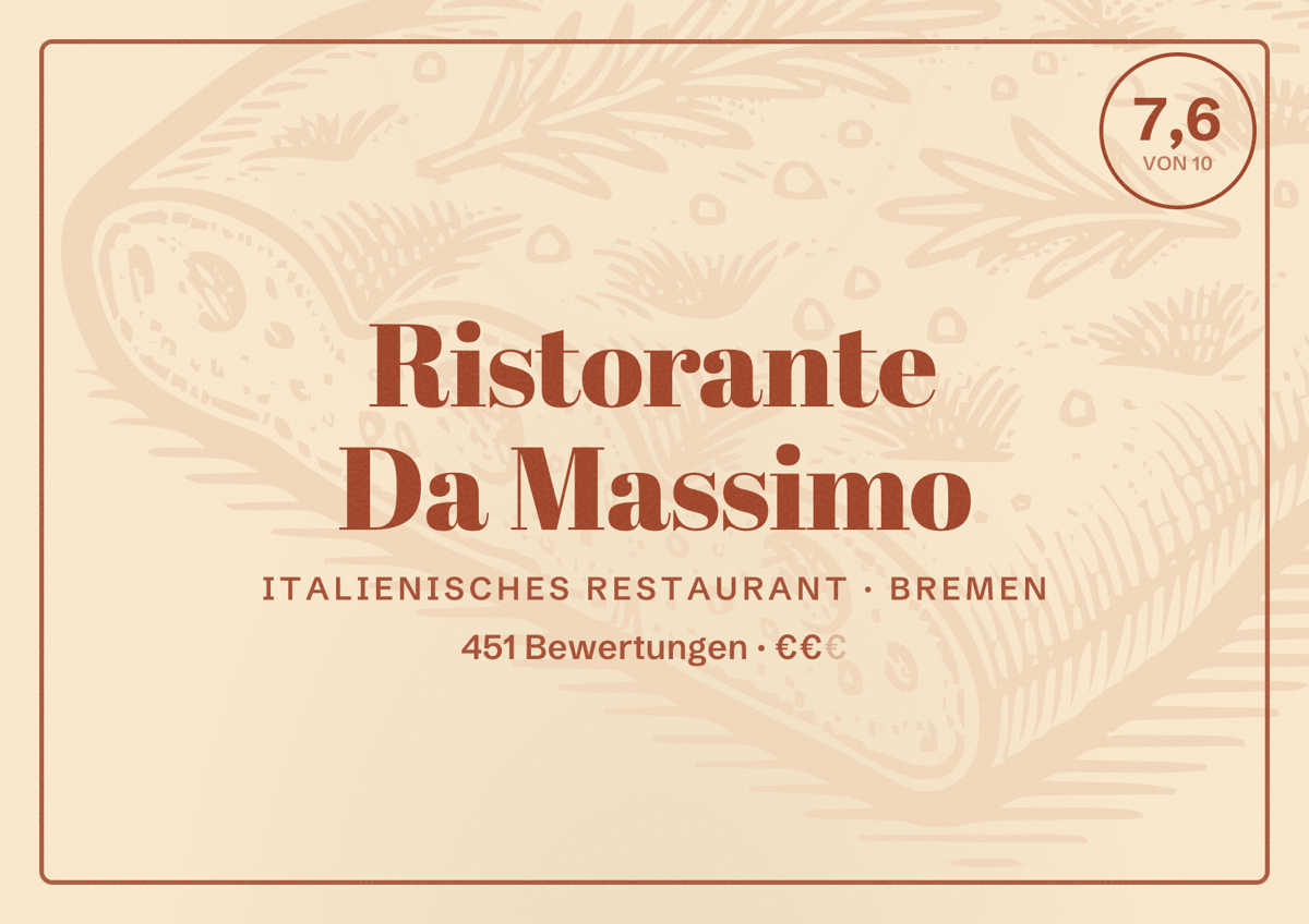 Illustriertes Poster von Ristorante Da Massimo, Italienisches Restaurant in Bremen: Bewertung 7,6 von 10 aus 451 Bewertungen, Preisniveau €€