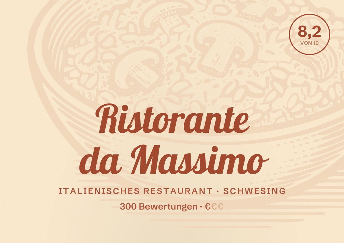 Illustriertes Poster von Ristorante da Massimo, Italienisches Restaurant in Schwesing: Bewertung 8,2 von 10 aus 300 Bewertungen, Preisniveau €
