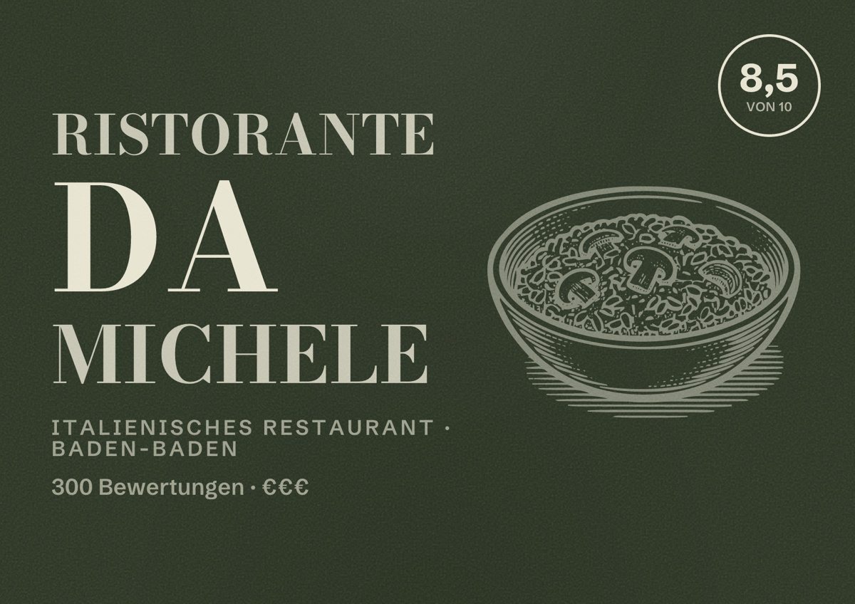 Illustriertes Poster von Ristorante Da Michele, Italienisches Restaurant in Baden-Baden: Bewertung 8,5 von 10 aus 300 Bewertungen, Preisniveau €€€