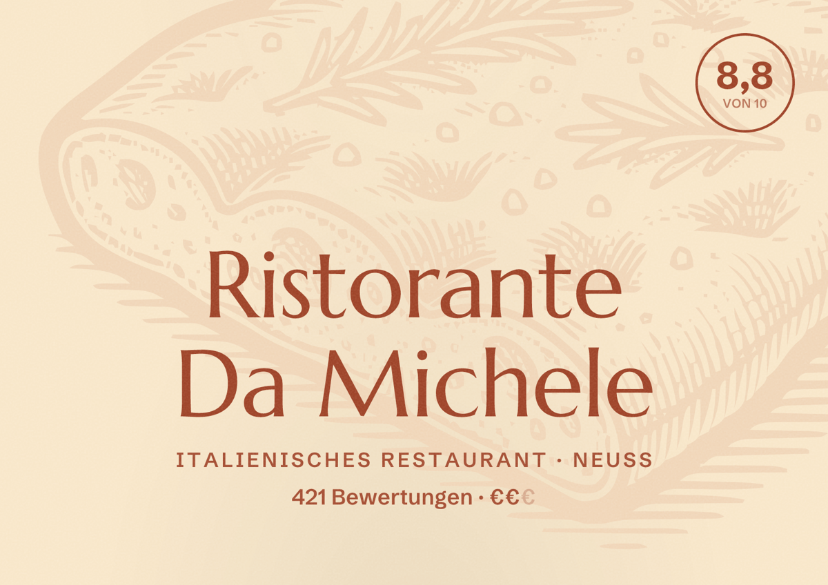 Illustriertes Poster von Ristorante Da Michele, Italienisches Restaurant in Neuss: Bewertung 8,8 von 10 aus 421 Bewertungen, Preisniveau €€