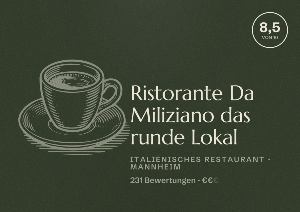 Illustriertes Poster von Ristorante Da Miliziano das runde Lokal, Italienisches Restaurant in Mannheim: Bewertung 8,5 von 10 aus 231 Bewertungen, Preisniveau €€