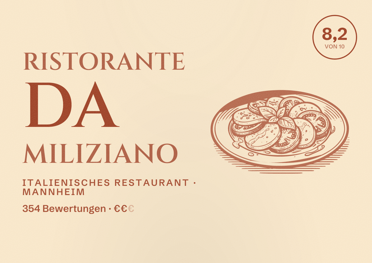 Illustriertes Poster von Ristorante Da Miliziano, Italienisches Restaurant in Mannheim: Bewertung 8,2 von 10 aus 354 Bewertungen, Preisniveau €€