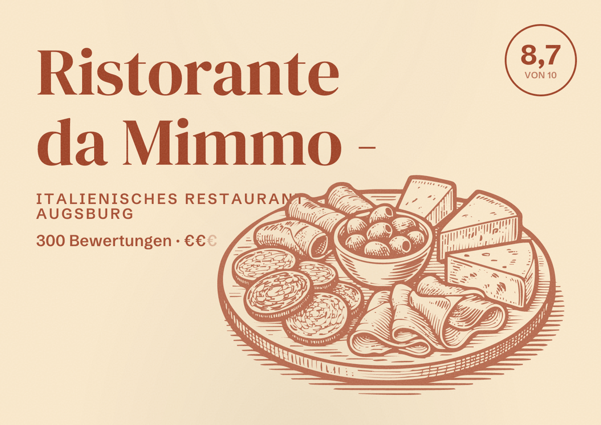 Illustriertes Poster von Ristorante da Mimmo -, Italienisches Restaurant in Augsburg: Bewertung 8,7 von 10 aus 300 Bewertungen, Preisniveau €€