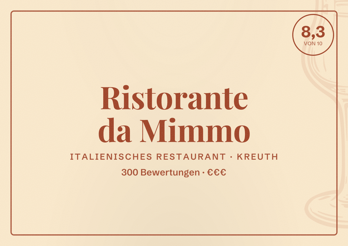 Illustriertes Poster von Ristorante da Mimmo, Italienisches Restaurant in Kreuth: Bewertung 8,3 von 10 aus 300 Bewertungen, Preisniveau €€€