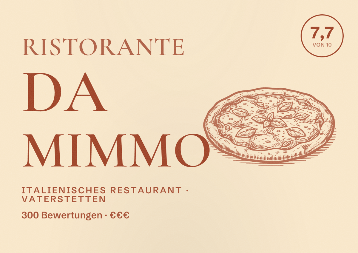 Illustriertes Poster von Ristorante Da Mimmo, Italienisches Restaurant in Vaterstetten: Bewertung 7,7 von 10 aus 300 Bewertungen, Preisniveau €€€