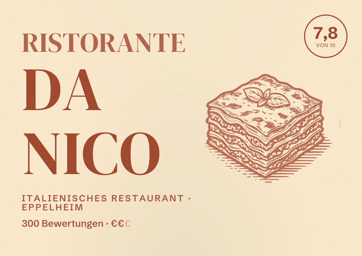 Illustriertes Poster von Ristorante Da Nico, Italienisches Restaurant in Eppelheim: Bewertung 7,8 von 10 aus 300 Bewertungen, Preisniveau €€