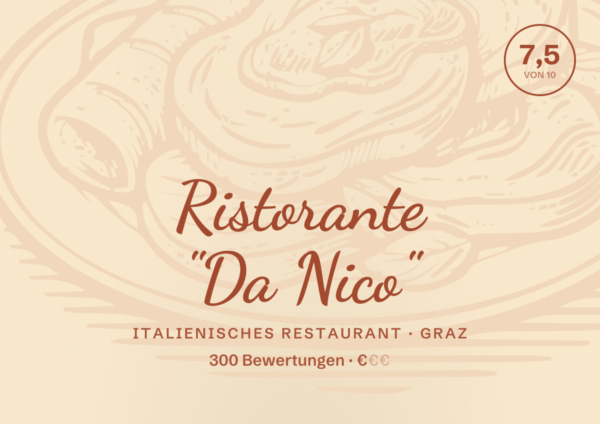 Illustriertes Poster von Ristorante "Da Nico", Italienisches Restaurant in Graz: Bewertung 7,5 von 10 aus 300 Bewertungen, Preisniveau €
