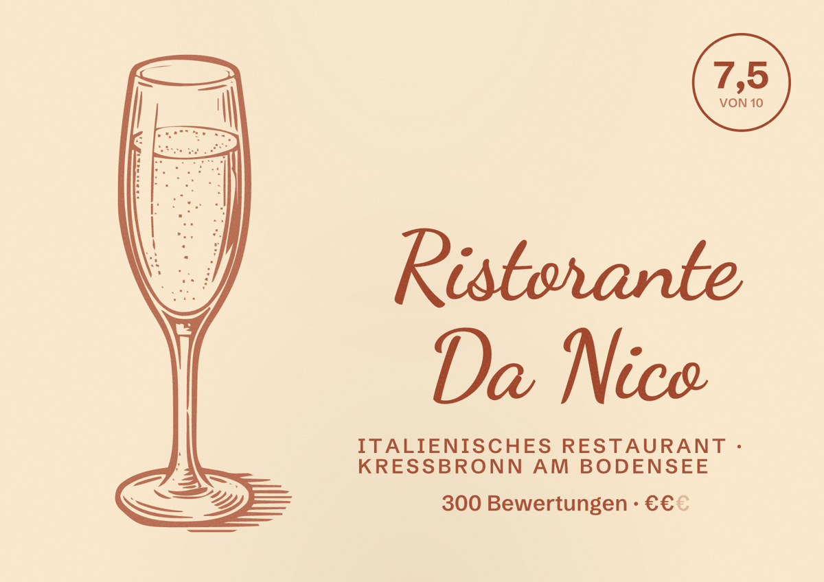 Illustriertes Poster von Ristorante Da Nico, Italienisches Restaurant in Kressbronn am Bodensee: Bewertung 7,5 von 10 aus 300 Bewertungen, Preisniveau €€