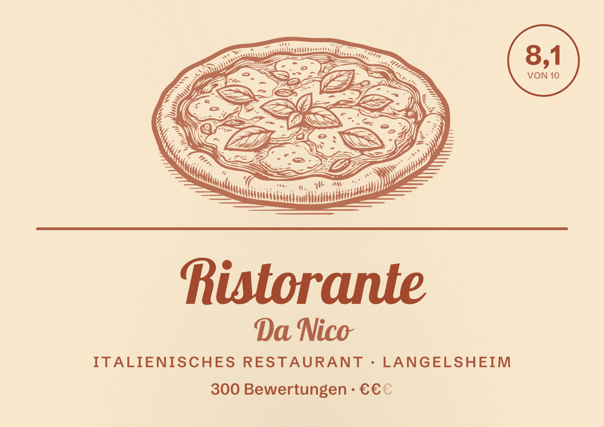 Illustriertes Poster von Ristorante Da Nico, Italienisches Restaurant in Langelsheim: Bewertung 8,1 von 10 aus 300 Bewertungen, Preisniveau €€