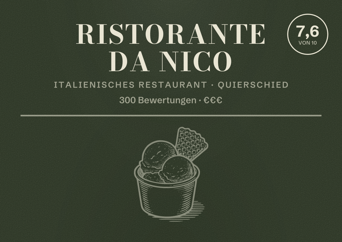 Illustriertes Poster von Ristorante Da Nico, Italienisches Restaurant in Quierschied: Bewertung 7,6 von 10 aus 300 Bewertungen, Preisniveau €€€